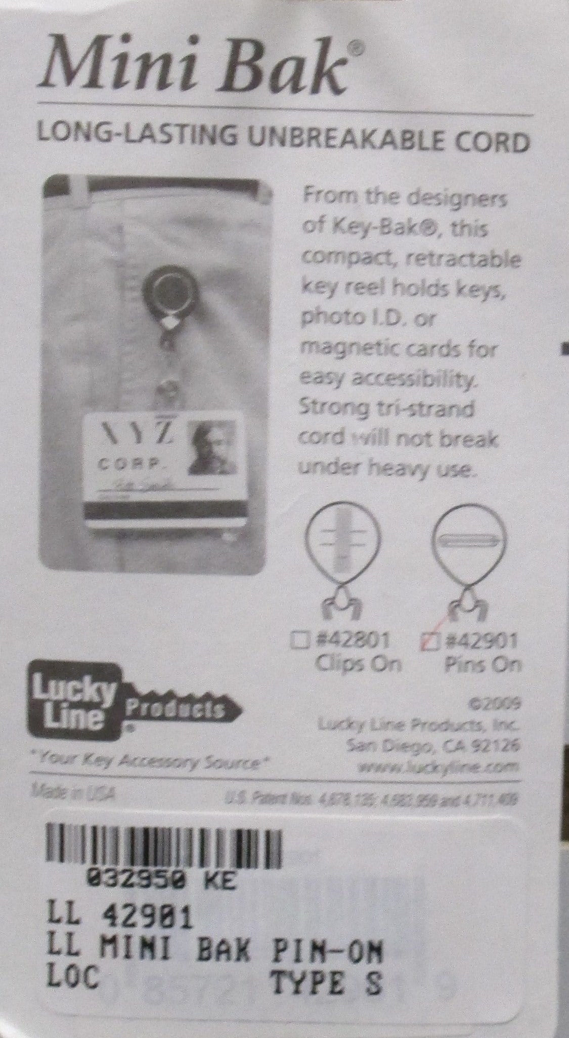 Lucky Line 42901 Mini-Bak Pin On Retractcable Key Chain