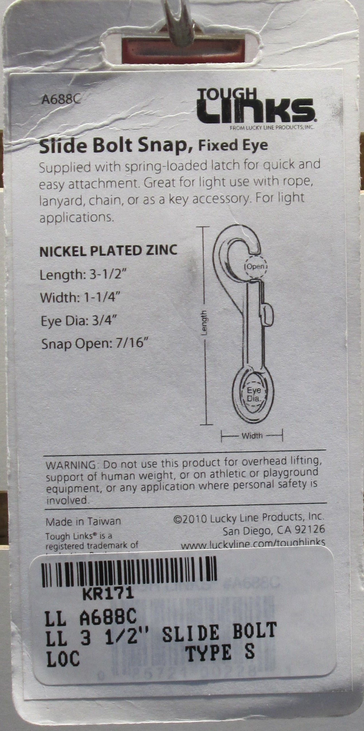 Lucky Line A688 Fixed Eye Slide Bolt Snap