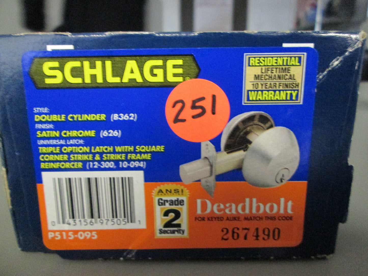 Schlage B362 Double Cylinder Deadbolt Satin KD Chrome